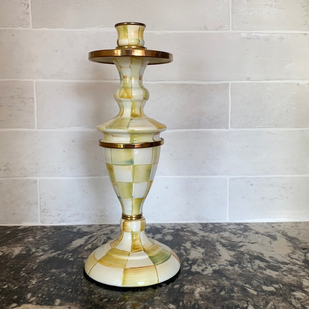 Parchment Check  Enamel Candlestick - Medium